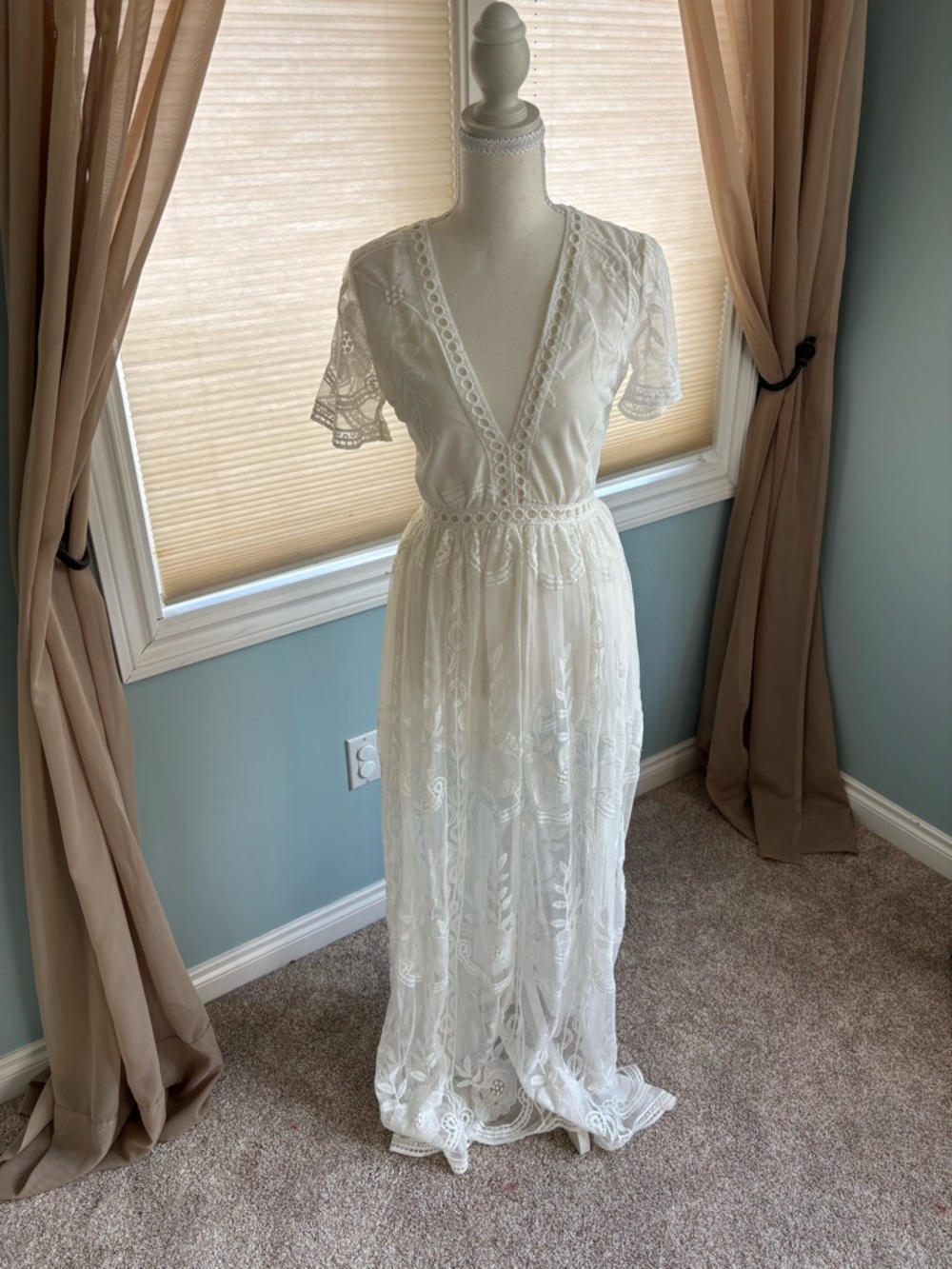 White Lace Maxi Romper Dress with V-Neck